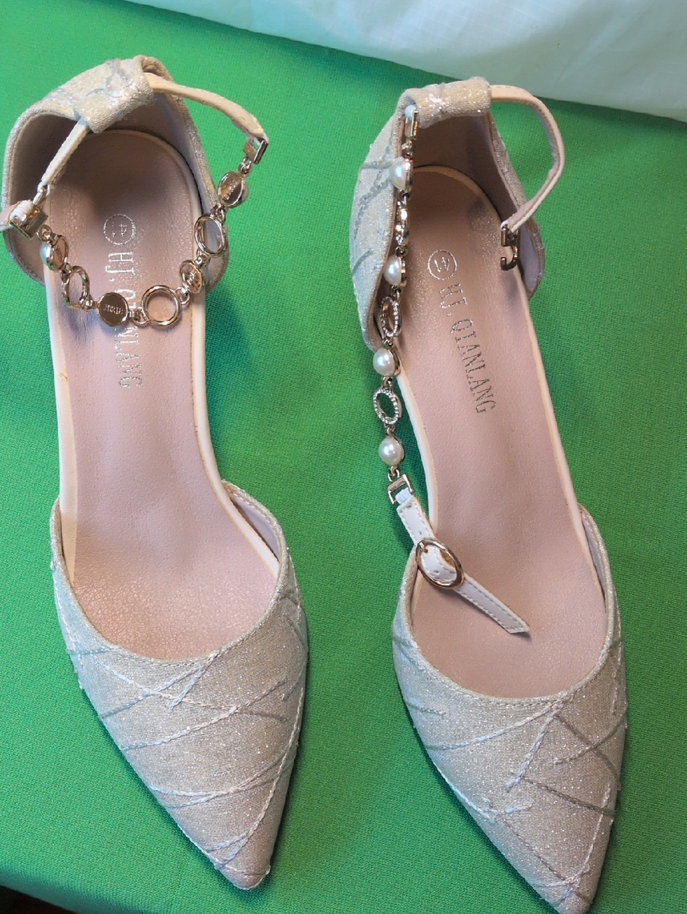 Dress Shoe ...Size9 US Pearl-Embellished Champagne Pointed-Toe Ankle-Strap Heels